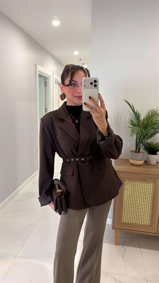 Farrah Kahve Kemerli Blazer Ceket