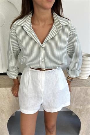 Lenora Beyaz Yeşil Çizgili Keten Gömlek