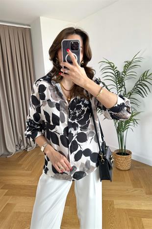 Kahve Siyah Desenli Saten Gömlek