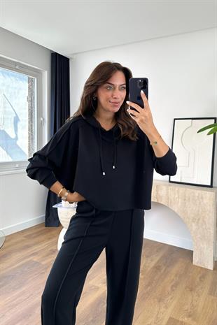 Mersale Siyah Beli Bağlamalı Modal Sweat Pantolon Takım