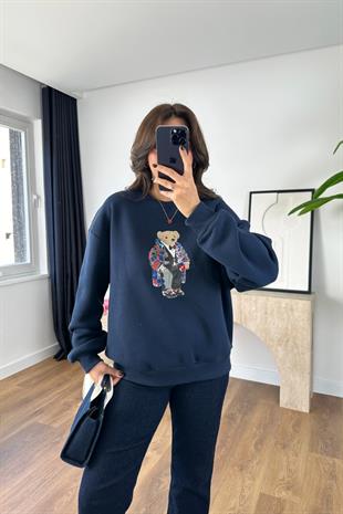 Andre Lacivert Baskılı Oversize Sweatshirt