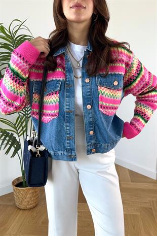 Triko Detaylı Denim Ceket