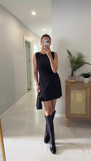 Fensone Siyah Çizgili Kolsuz Elbise