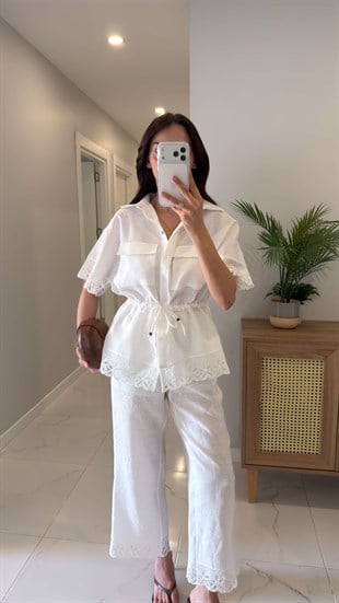 Ferla Beyaz Dantel Detaylı Keten Gömlek Pantolon Takım