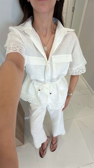 Ferla Beyaz Dantel Detaylı Keten Gömlek Pantolon Takım