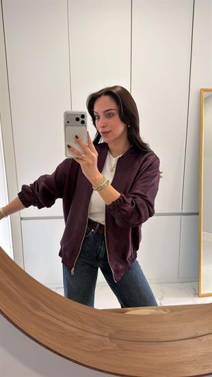 Ferradi Bordo Premium Parlak Saten Bomber Ceket