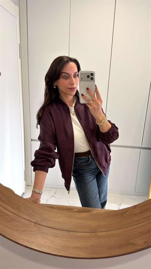 Ferradi Bordo Premium Parlak Saten Bomber Ceket