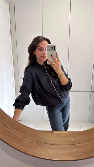 Ferradi Lacivert Premium Parlak Saten Bomber Ceket