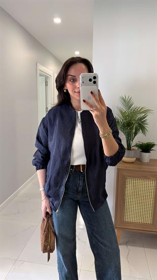 Ferradi Lacivert Premium Parlak Saten Bomber Ceket