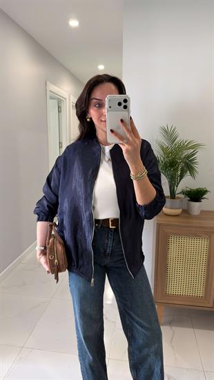 Ferradi Lacivert Premium Parlak Saten Bomber Ceket