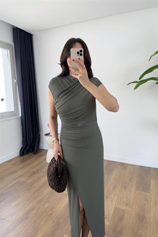 Ferty Haki Yırtmaç Detaylı Drape Elbise