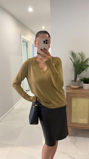 Feyora Haki Simli Kol Düğme Detaylı V Yaka Bluz