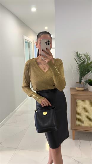 Feyora Haki Simli Kol Düğme Detaylı V Yaka Bluz