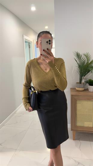 Feyora Haki Simli Kol Düğme Detaylı V Yaka Bluz