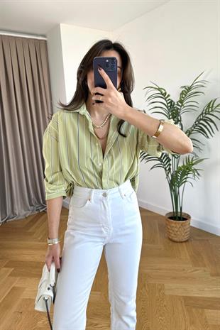 Sendy Yağ Yeşili Çizgili Gömlek