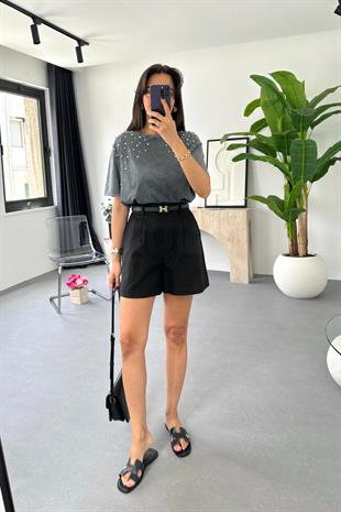 Lonse Siyah Keten Şort