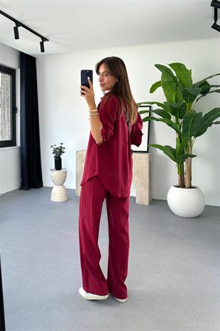Regina Bordo Beli Lastikli Gömlek Pantolon Takım