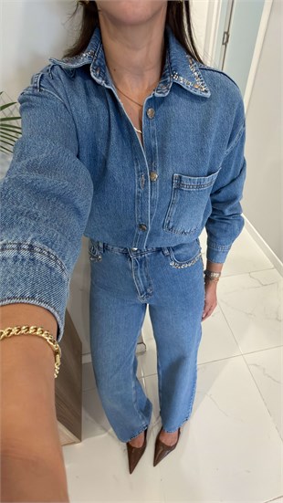 Fidra Mavi Taş Detaylı Denim Gömlek Pantolon Takım