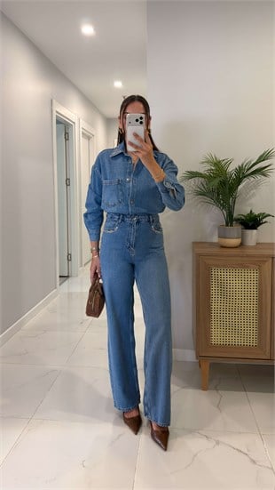 Fidra Mavi Taş Detaylı Denim Gömlek Pantolon Takım