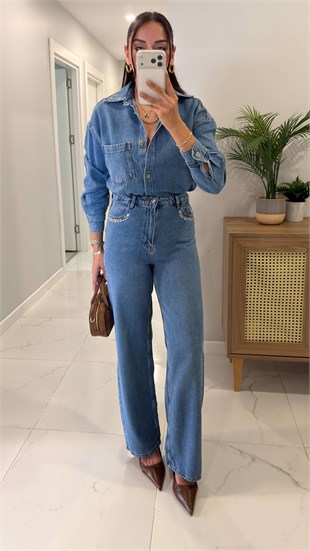 Fidra Mavi Taş Detaylı Denim Gömlek Pantolon Takım