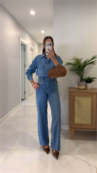 Fidra Mavi Taş Detaylı Denim Gömlek Pantolon Takım
