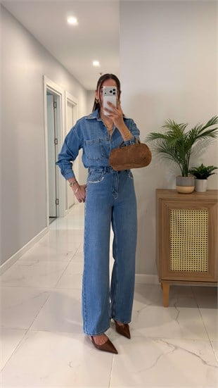 Fidra Mavi Taş Detaylı Denim Gömlek Pantolon Takım