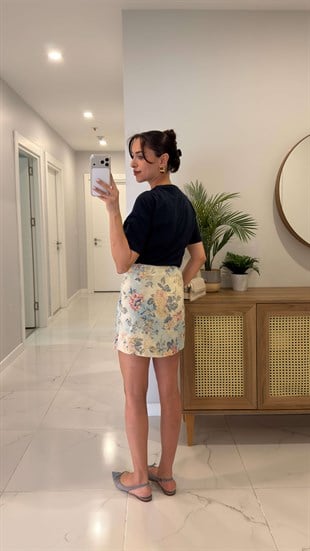 Finex Mavi Ekru Çiçek Desenli Etek