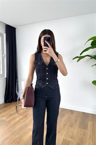 Fiona Dark Blue Gizli Cep Detaylı Yelekli Takım