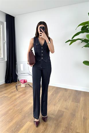 Fiona Dark Blue Gizli Cep Detaylı Yelekli Takım