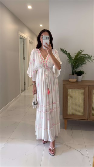 Fira Ekru Pembe İşlemeli Astarlı Elbise