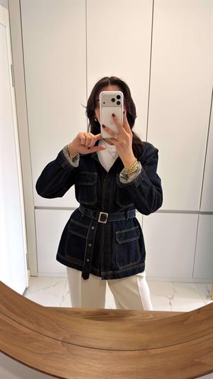 Fista Dark Blue Kapak Cep Detaylı Kuşaklı Ceket