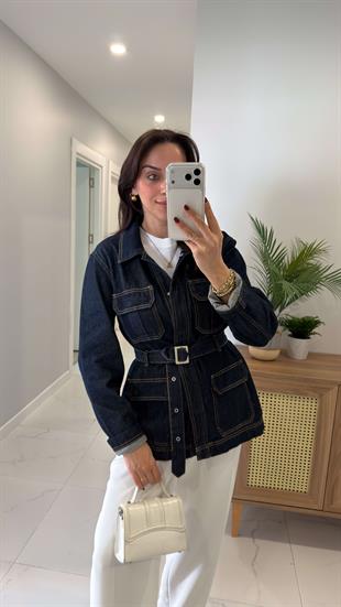 Fista Dark Blue Kapak Cep Detaylı Kuşaklı Ceket