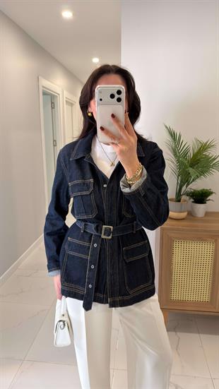 Fista Dark Blue Kapak Cep Detaylı Kuşaklı Ceket
