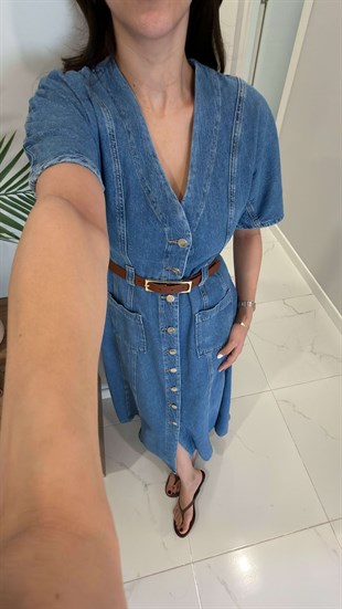 Fistros Mavi V Yaka Kısa Kollu Denim Elbise