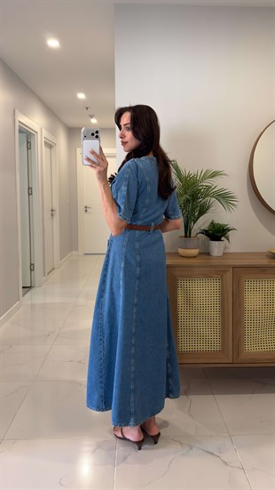 Fistros Mavi V Yaka Kısa Kollu Denim Elbise