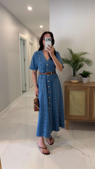 Fistros Mavi V Yaka Kısa Kollu Denim Elbise