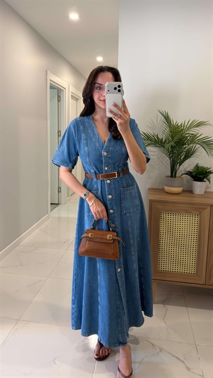 Fistros Mavi V Yaka Kısa Kollu Denim Elbise