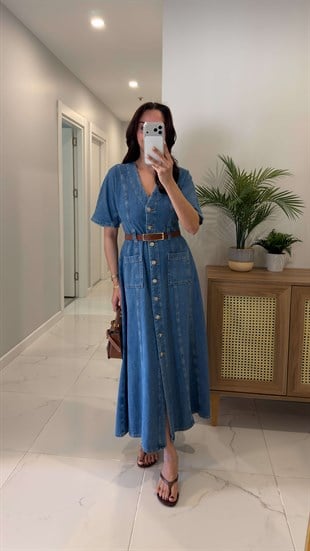 Fistros Mavi V Yaka Kısa Kollu Denim Elbise