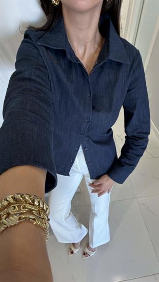 Fitro Lacivert Slim Fit Likralı Denim Gömlek