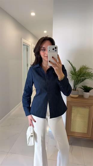 Fitro Lacivert Slim Fit Likralı Denim Gömlek