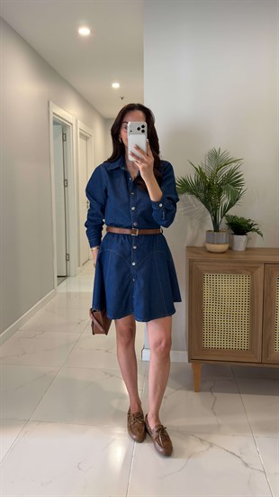 Flara Mavi Kemerli Denim Elbise