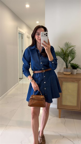 Flara Mavi Kemerli Denim Elbise
