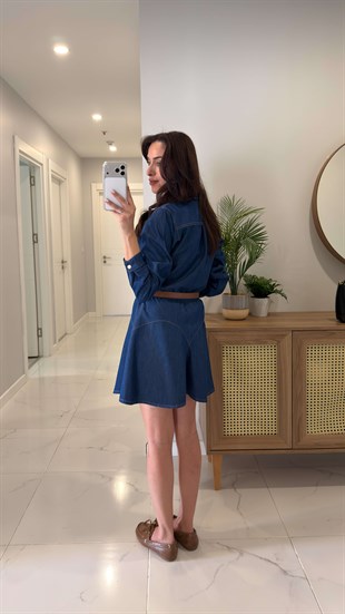 Flara Mavi Kemerli Denim Elbise