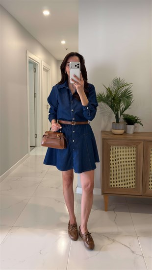 Flara Mavi Kemerli Denim Elbise