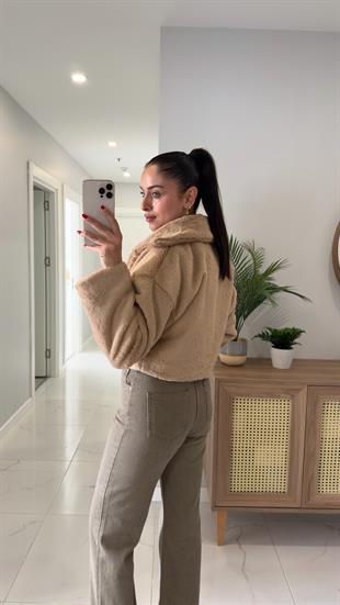 Floral Camel Crop Kürk Mont