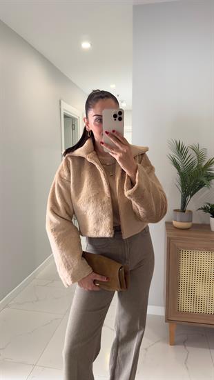 Floral Camel Crop Kürk Mont