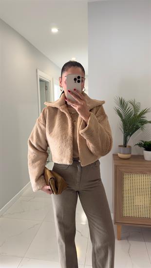 Floral Camel Crop Kürk Mont