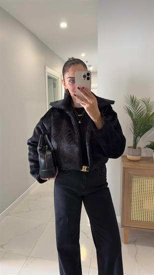 Floral Siyah Crop Kürk Mont