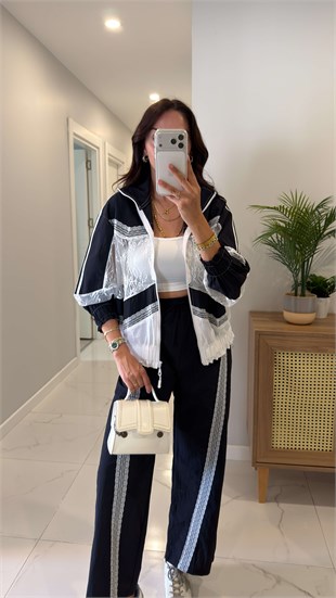Flors Lacivert Beyaz Dantelli Ceket Pantolon Takım
