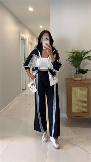 Flors Lacivert Beyaz Dantelli Ceket Pantolon Takım